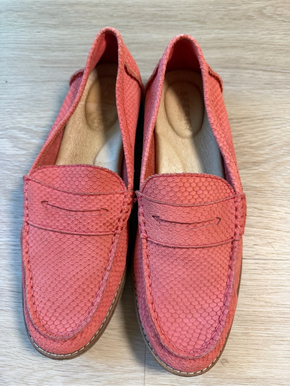 Sperry Coral Pink Snakeskin Embossed Leather Penny Loafers